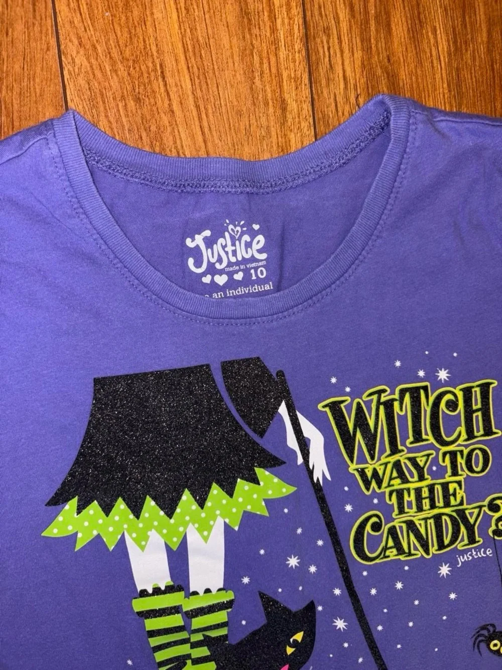 Y2K purple baby tee with cat and witch design